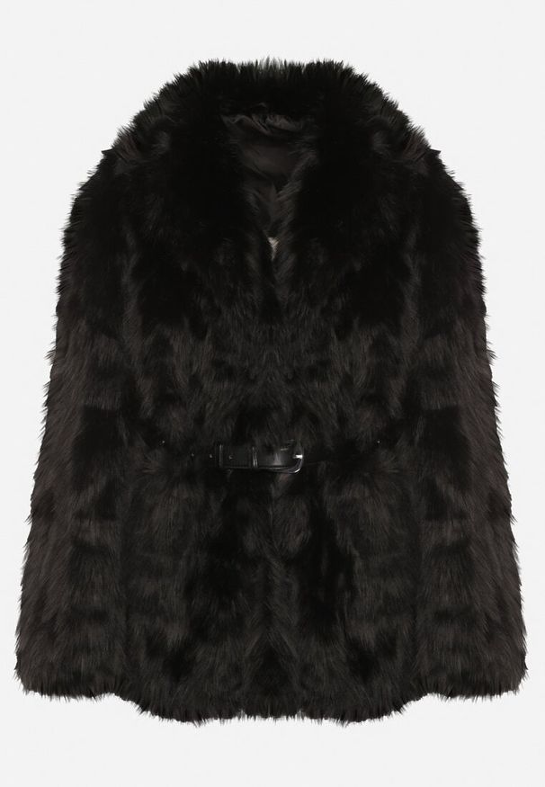 Born2be - Czarna Elegancka Kurtka Futerko z Paskiem z Klamrą Gonne. Okazja: na imprezę, na co dzień, na spacer. Kolor: czarny. Materiał: futro. Styl: elegancki