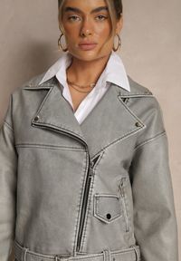 Renee - Szara Kurtka o Kroju Ramoneski z Paskiem z Klamrą Nalivra. Okazja: na co dzień. Kolor: szary. Materiał: jeans, poliester. Sezon: wiosna. Styl: klasyczny, casual, elegancki