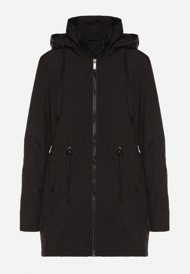 Born2be - Czarna Kurtka Parka ze Sznurkiem w Talii i Kapturem Teridi. Okazja: na co dzień. Kolor: czarny. Materiał: jeans. Długość rękawa: długi rękaw. Długość: długie. Styl: elegancki, casual