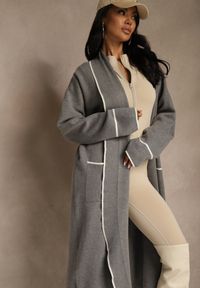 Renee - Szary Niezapinany Kardigan o Długim Kroju z Lamówką Venisse. Okazja: na co dzień. Kolor: szary. Materiał: jeans. Długość: długie. Styl: casual, klasyczny #4