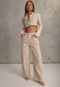 Renee - Beżowe Jeansy z Bawełny Typu Balloon High Waist Ozdobione Przeszyciami Eunaris. Okazja: na co dzień. Stan: podwyższony. Kolor: beżowy. Wzór: aplikacja. Styl: casual #1