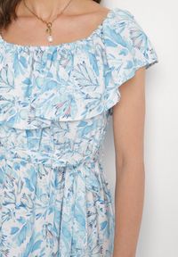 Born2be - Niebieska Sukienka Hiszpanka z Bawełną w Kwiaty Mreova. Okazja: na co dzień. Typ kołnierza: dekolt hiszpanka. Kolor: niebieski. Materiał: bawełna. Wzór: kwiaty. Styl: elegancki, casual, klasyczny #2