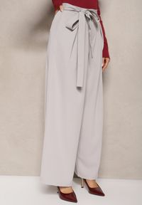 Renee - Szare Eleganckie Spodnie w Garniturowym Stylu High Waist Ozdobione Paskiem w Talii Wenelsea. Okazja: do pracy. Stan: podwyższony. Kolor: szary. Długość: długie. Wzór: aplikacja. Styl: elegancki #4
