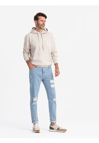 Ombre Clothing - Washowane męskie jeansowe spodnie TAPERED FIT z przetarciami – błękitne V1 OM-PADP-0163 - XXL. Kolor: niebieski. Materiał: jeans. Styl: rockowy