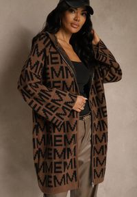 Renee - Brązowo-Czarny Kardigan na Suwak z Kapturem w Literowy Wzór Calitusa. Okazja: na co dzień. Typ kołnierza: kaptur. Kolor: brązowy. Materiał: jeans. Styl: casual #5