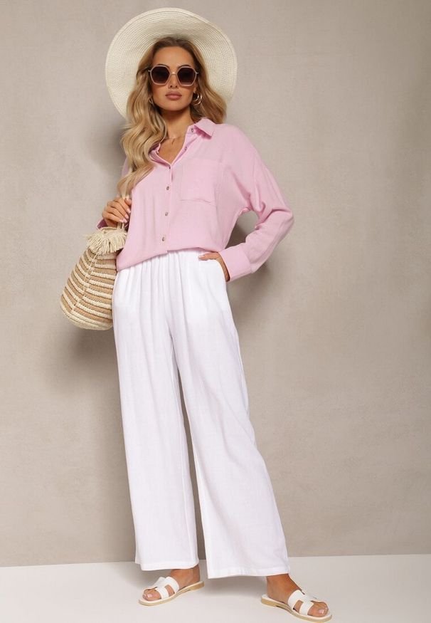 Renee - Różowa Klasyczna Koszula z Wiskozy i Lnu Vistar. Okazja: na co dzień. Kolor: różowy. Materiał: len, wiskoza. Długość rękawa: długi rękaw. Długość: długie. Styl: klasyczny