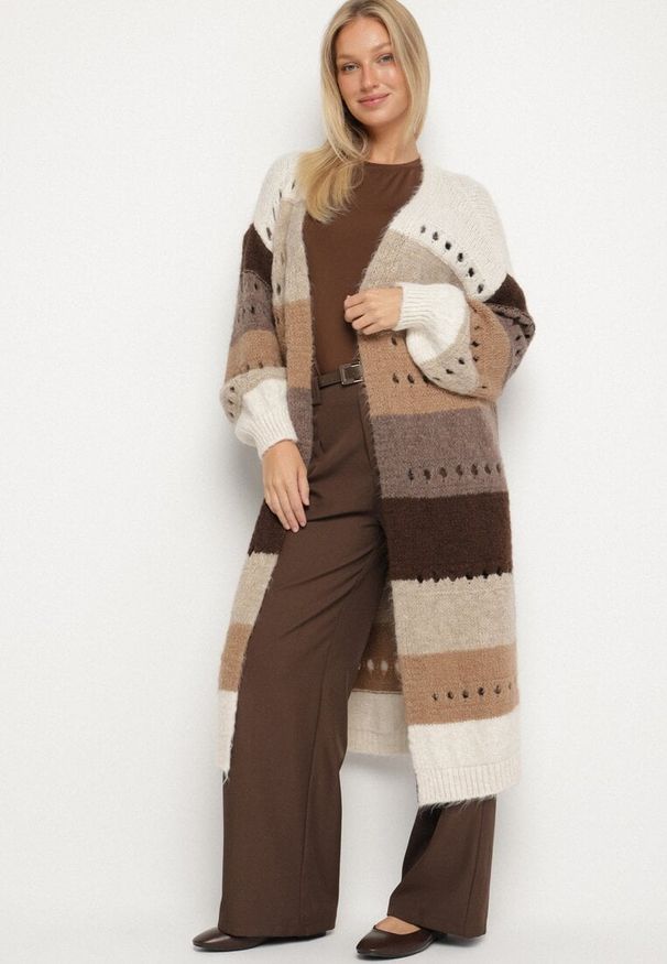 Born2be - Beżowy Długi Kardigan Ażurowy w Paski z Domieszką Wełny i Wiskozy Ilomine. Okazja: na co dzień, na spotkanie biznesowe. Kolor: beżowy. Materiał: wełna, wiskoza. Długość: długie. Wzór: paski, ażurowy. Styl: biznesowy, casual