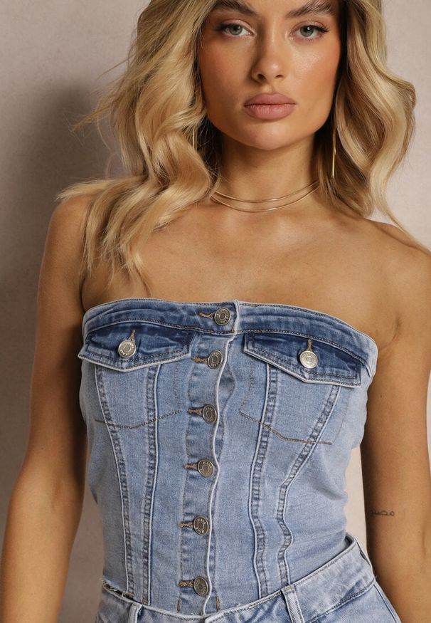 Renee - Niebieski Jeansowy Bawełniany Top o Gorsetowym Kroju Zapinany na Guziki Nelain. Okazja: na co dzień. Typ kołnierza: dekolt gorset. Kolor: niebieski. Materiał: bawełna, jeans. Styl: casual