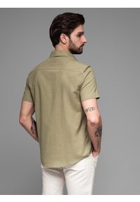 Ombre Clothing - Męska koszula z bawełny i lnu z krótkim rękawem i kieszonką – oliwkowa V6 - Rozmiar: XXL. Kolor: oliwkowy. Materiał: len, bawełna. Długość rękawa: krótki rękaw. Długość: krótkie. Sezon: lato #8
