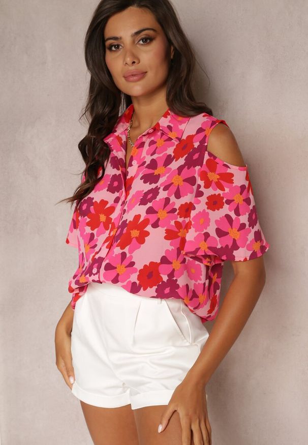 Renee - Fuksjowa Koszula Open Shoulder w Kwiatowy Print Veconda. Kolor: różowy. Wzór: kwiaty, nadruk