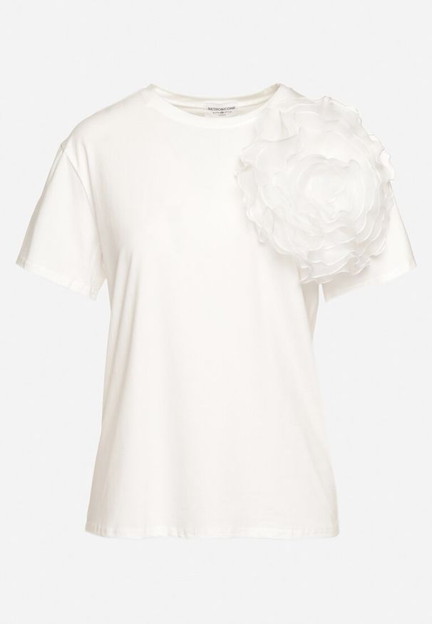 Born2be - Biały T-shirt Koszulka z Krótkim Rękawem i Aplikacją w Kształcie Kwiatu Nestairis. Kolor: biały. Długość rękawa: krótki rękaw. Długość: krótkie. Wzór: kwiaty, aplikacja. Styl: klasyczny