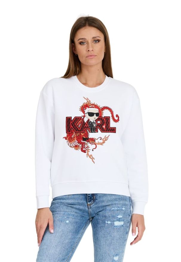 Karl Lagerfeld - KARL LAGERFELD Biała damska bluza ikonik lny, Rozmiar S. Kolor: biały. Materiał: len. Wzór: haft