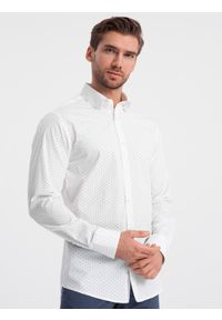 Ombre Clothing - Klasyczna męska bawełniana koszula SLIM FIT w mikro wzór - biała V1 OM-SHCS-0156 - XXL. Typ kołnierza: kołnierzyk klasyczny. Kolor: biały. Materiał: bawełna. Długość rękawa: długi rękaw. Długość: długie. Wzór: nadruk. Styl: klasyczny #1