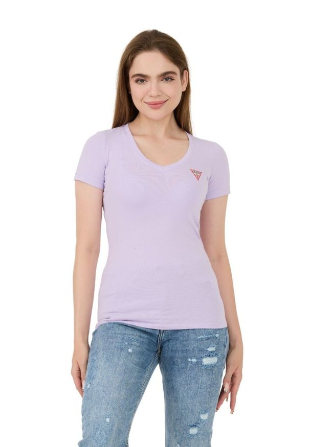 Guess - GUESS Lawendowy damski t-shirt Mini Triangle Tee, Rozmiar S. Kolor: fioletowy