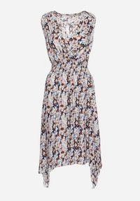 Born2be - Granatowo-Beżowa Bawełniana Sukienka Kopertowa o Rozkloszowanym Kroju w Kwiatowy Print Brosa. Kolor: beżowy. Materiał: bawełna. Wzór: kwiaty, nadruk. Typ sukienki: kopertowe #7