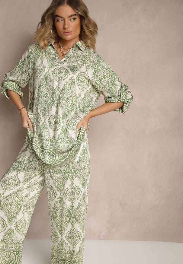 Renee - Zielony Komplet z Wiskozą o Kroju Oversize Koszula i Spodnie Nilarithia. Kolor: zielony. Materiał: wiskoza
