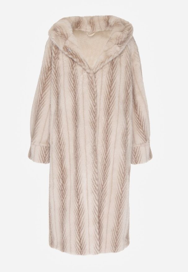 Born2be - Jasnobeżowy Płaszcz Futerko w Pionowy Wzór z Kapturem Cahroris. Typ kołnierza: kaptur. Kolor: beżowy. Materiał: futro. Styl: elegancki, klasyczny