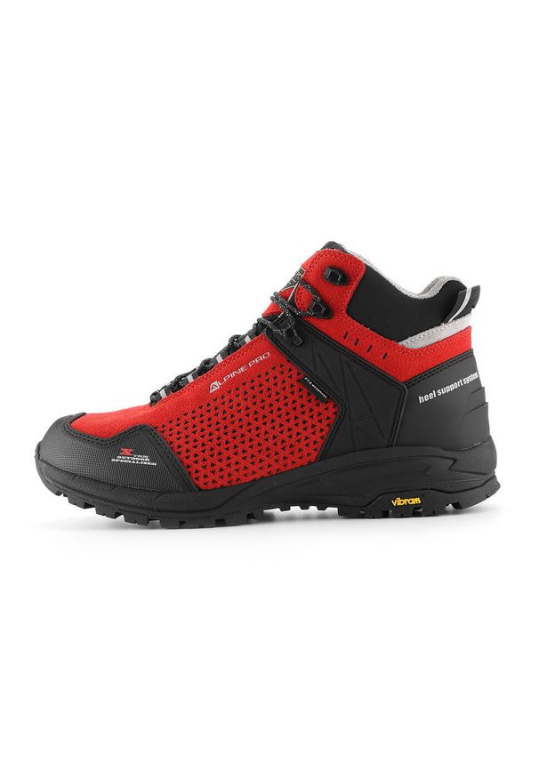 ALPINE PRO - Buty trekkingowe skórzane unisex Alpine Pro Angoon Vibram. Wysokość cholewki: za kostkę. Kolor: czerwony. Materiał: skóra. Styl: sportowy. Sport: turystyka piesza