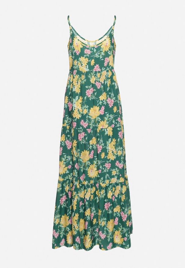 Born2be - Zielona Sukienka z Wiskozy na Cienkich Ramiączkach z Falbanką Jrinesa. Okazja: na co dzień. Kolor: zielony. Materiał: wiskoza. Długość rękawa: na ramiączkach. Sezon: lato. Typ sukienki: oversize. Styl: casual, elegancki