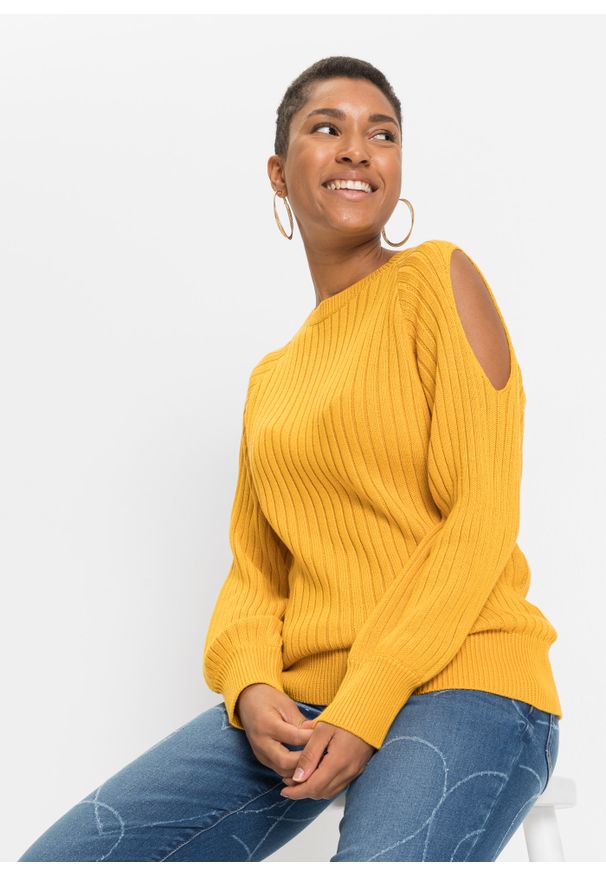 bonprix - Sweter z wycięciami. Kolor: żółty. Styl: elegancki