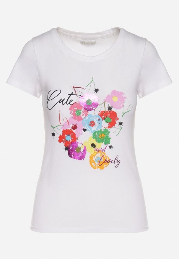 Born2be - Biało-Niebieski T-shirt z Bawełny z Ozdobnym Nadrukiem Zaromeira. Okazja: na co dzień. Kolor: biały. Materiał: bawełna. Wzór: nadruk. Styl: klasyczny, elegancki, casual