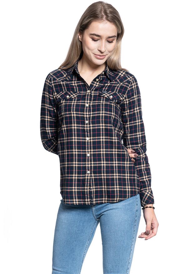 Wrangler - DAMSKA KOSZULA MATERIAŁOWA WRANGLER WESTERN CHECK SHIRT NAVY W5N1O9114 112130256. Materiał: materiał