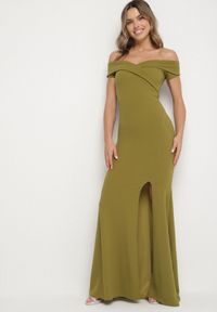 Born2be - Jasnozielona Koktajlowa Sukienka z Hiszpańskim Dekoltem Erpollia. Okazja: na imprezę. Kolor: zielony. Styl: wizytowy #1
