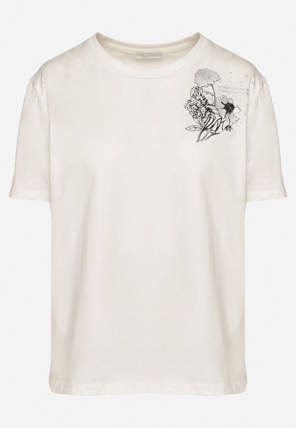 Born2be - Biały T-shirt z Bawełny Zdobiony Nadrukiem z Cyrkoniami Telerea. Okazja: na co dzień. Kolor: biały. Materiał: bawełna. Wzór: aplikacja, nadruk. Styl: klasyczny, elegancki, casual