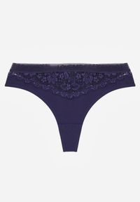 Born2be - Granatowe Majtki Stringi z Bawełną Ozdobione Koronką Thelanthe. Kolor: niebieski. Materiał: bawełna, koronka. Wzór: aplikacja, koronka #1