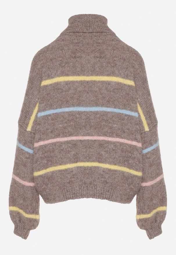 Born2be - Beżowy Golf z Wełną Ozdobiony Paskami Reisorria. Okazja: na spacer, na co dzień. Typ kołnierza: golf. Kolor: beżowy. Materiał: wełna. Wzór: aplikacja. Styl: casual