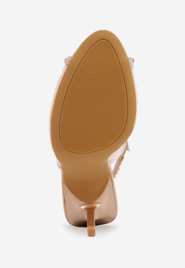 Born2be - Szampańskie Siateczkowe Sandały VICES na Szpilce z Paskiem na Piętę i Cyrkoniami Doriata. Okazja: na wesele, na ślub cywilny. Zapięcie: pasek. Kolor: złoty. Materiał: satyna. Wzór: aplikacja. Obcas: na szpilce. Styl: elegancki, wizytowy. Wysokość obcasa: średni