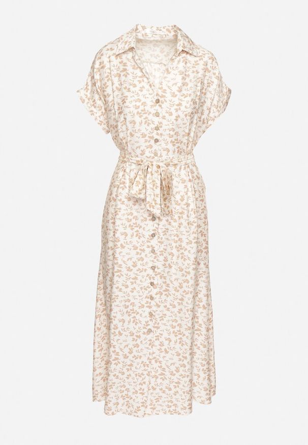 Born2be - Jasnobeżowa Bawełniana Sukienka w Kwiatki o Koszulowym Kroju z Wiązanym Paskiem Amondra. Okazja: na co dzień. Typ kołnierza: dekolt w kształcie V. Kolor: beżowy. Wzór: kwiaty. Typ sukienki: koszulowe. Materiał: bawełna. Długość rękawa: krótki rękaw. Sezon: wiosna, lato. Styl: casual, elegancki