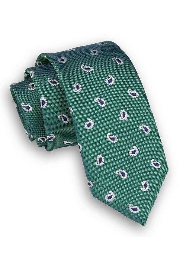 Alties - Zielony Elegancki Krawat Męski -ALTIES- 6 cm, w Drobny Wzór Paisley, Łezki. Kolor: zielony. Materiał: tkanina. Wzór: paisley. Styl: elegancki
