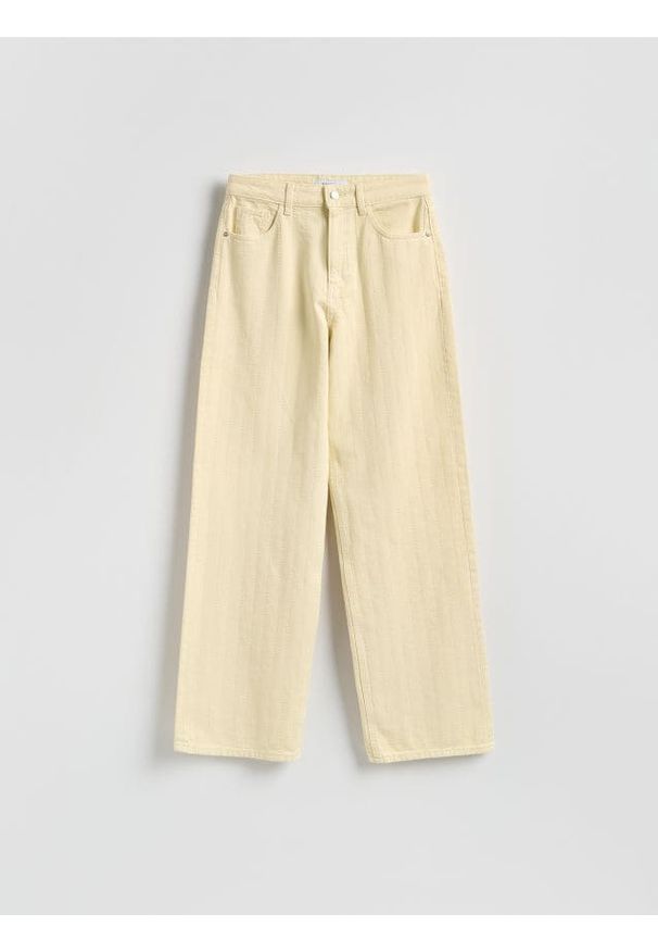 Reserved - Jeansy wide leg w prążek - żółty. Kolor: żółty. Wzór: prążki