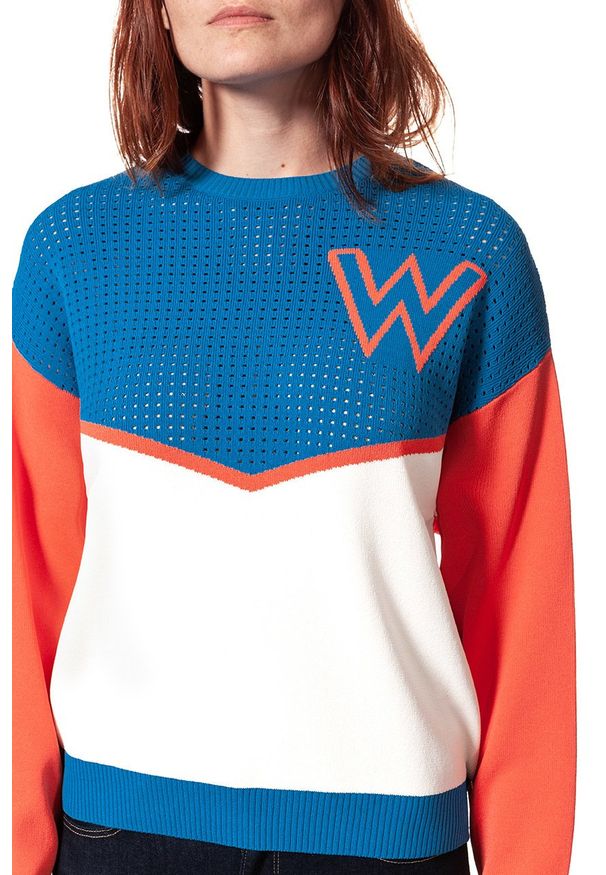 Wrangler - DAMSKI SWETER WRANGLER POINTELLE KNIT DEEP WATER W8106PXDF 112132223. Wzór: aplikacja, ażurowy. Styl: sportowy, retro