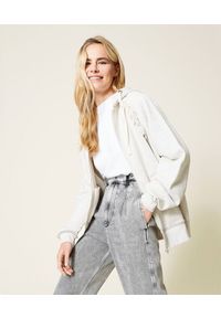 TwinSet - Szara bluza z perłowymi frędzlami Twinset. Typ kołnierza: kaptur. Kolor: biały, szary. Materiał: bawełna, prążkowany #1