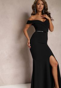 Renee - Czarna Taliowana Sukienka Maxi z Rozcięciem Perlina. Kolor: czarny. Długość rękawa: na ramiączkach. Typ sukienki: rozkloszowane. Styl: elegancki. Długość: maxi #2