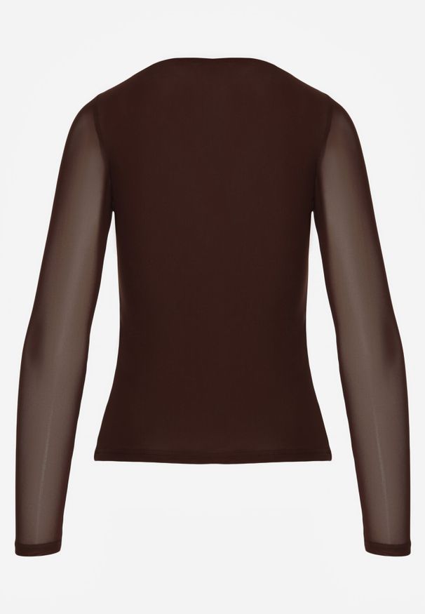 Born2be - Ciemnobrązowa Bluzka Siateczkowa z Wiskozą z Długim Rękawem i Dekoltem w Serce Elanne. Okazja: na co dzień. Kolor: brązowy. Materiał: wiskoza. Długość rękawa: długi rękaw. Długość: długie. Styl: casual, elegancki, klasyczny