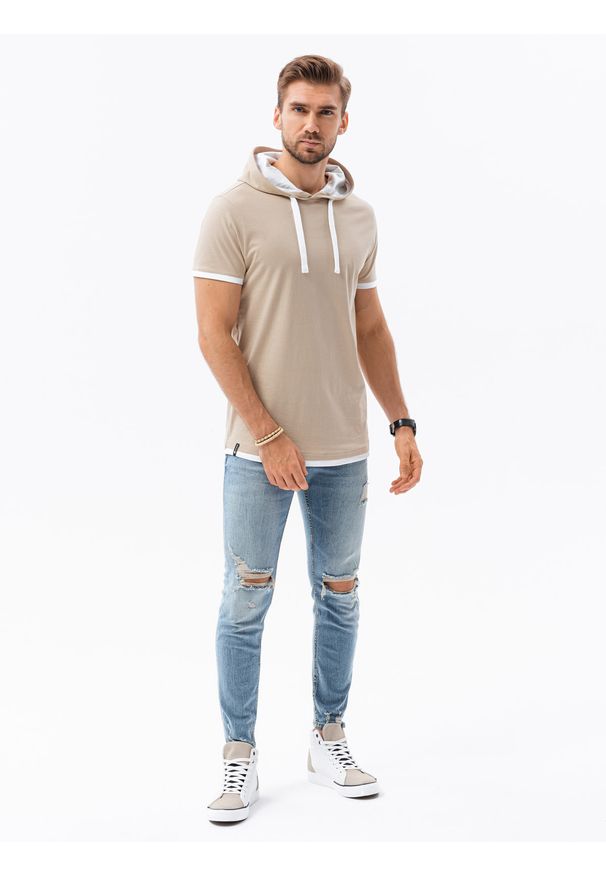 Ombre Clothing - T-shirt męski z kapturem bez nadruku S1376 - beżowy - XXL. Okazja: na co dzień. Typ kołnierza: kaptur. Kolor: beżowy. Materiał: bawełna, jersey, dzianina. Styl: klasyczny, casual