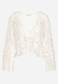 Born2be - Biały Ażurowy Kardigan Narzutka z Bawełny Wykończony Wiązaniem Isalea. Okazja: na spacer, na co dzień. Typ kołnierza: dekolt w kształcie V. Kolor: biały. Materiał: bawełna. Wzór: ażurowy. Styl: klasyczny, casual, elegancki #3