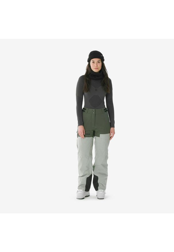 KUIKMA - Spodnie narciarskie i snowboardowe damskie Quechua 500 AM. Kolor: brązowy, zielony, wielokolorowy. Materiał: materiał. Długość: długie. Sezon: zima. Sport: narciarstwo, snowboard