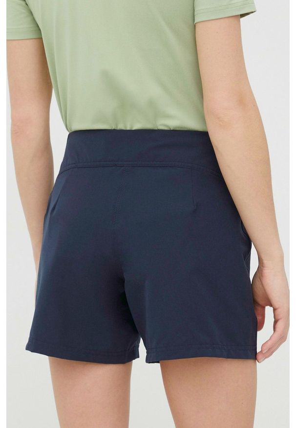 Helly Hansen szorty outdoorowe damskie kolor granatowy gładkie high waist. Stan: podwyższony. Kolor: niebieski. Materiał: materiał. Wzór: gładki