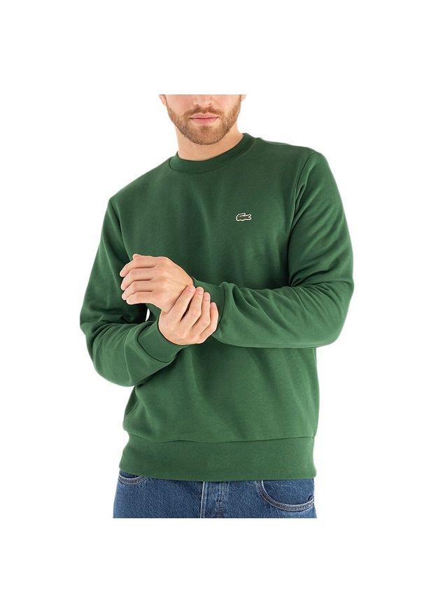 Bluza Lacoste Organic Brushed Cotton Sweatshirt SH9608-132 - zielona. Okazja: na co dzień. Typ kołnierza: bez kaptura. Kolor: zielony. Materiał: bawełna, poliester, materiał. Wzór: aplikacja. Styl: klasyczny, casual, street