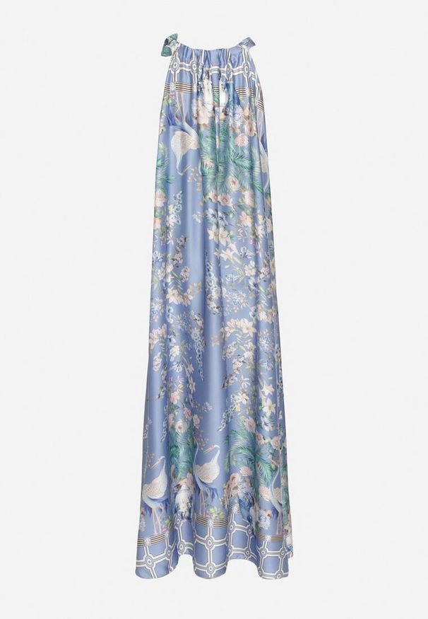 Born2be - Granatowa Satynowa Sukienka w Kwiaty z Ozdobnym Wiązaniem Fenasella. Okazja: na co dzień. Kolor: niebieski. Materiał: satyna. Wzór: kwiaty. Typ sukienki: proste. Styl: elegancki, casual, klasyczny, wizytowy