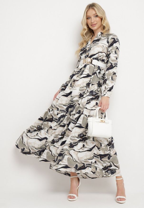 Born2be - Biała Rozkloszowana Sukienka w Abstrakcyjny Wzór Alusima. Kolor: biały