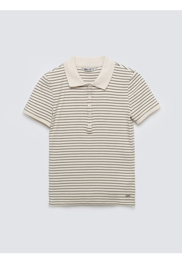 Big-Star - Koszulka damska polo w paski perłowa Rellma 103. Typ kołnierza: polo. Kolor: kremowy. Materiał: prążkowany, dzianina. Wzór: paski. Styl: elegancki, klasyczny
