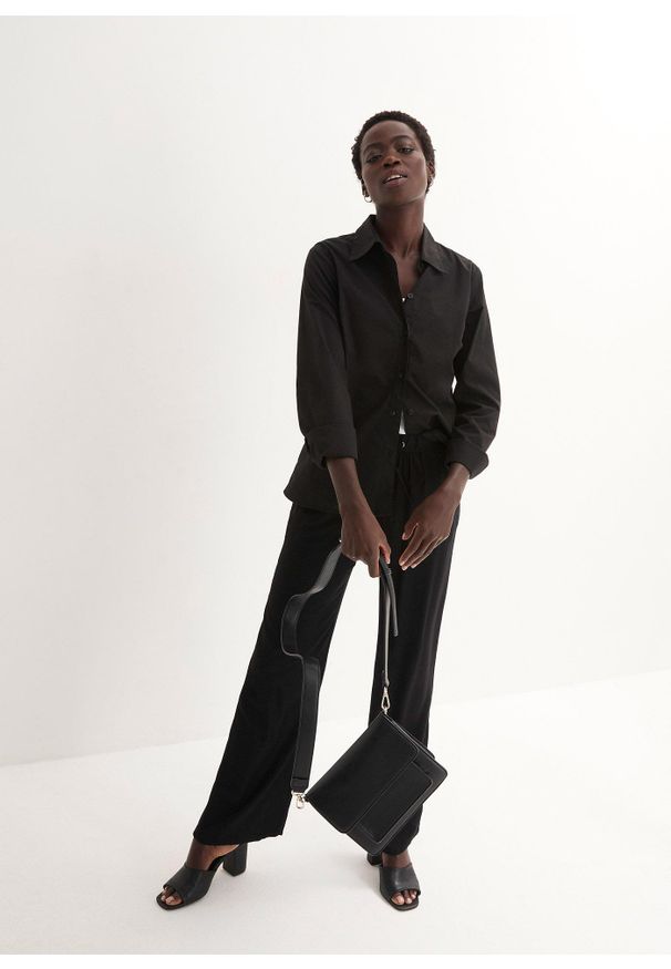 bonprix - Spodnie z gumką w talii, z wiskozy. Kolor: czarny. Materiał: wiskoza. Wzór: nadruk