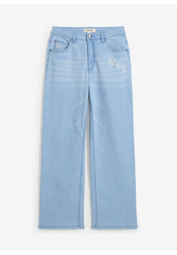 bonprix - Dżinsy Wide Leg, mid waist. Kolor: niebieski. Wzór: haft