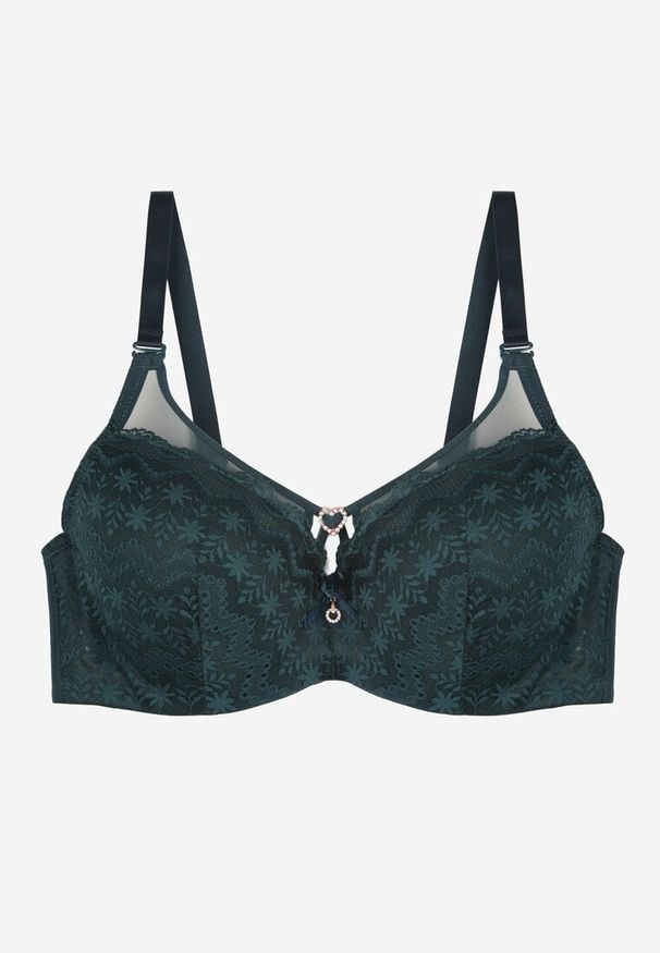 Born2be - Ciemnozielony Koronkowy Biustonosz Ozdobiony Cyrkoniowym Sercem Galirope. Kolor: zielony. Materiał: koronka. Wzór: aplikacja