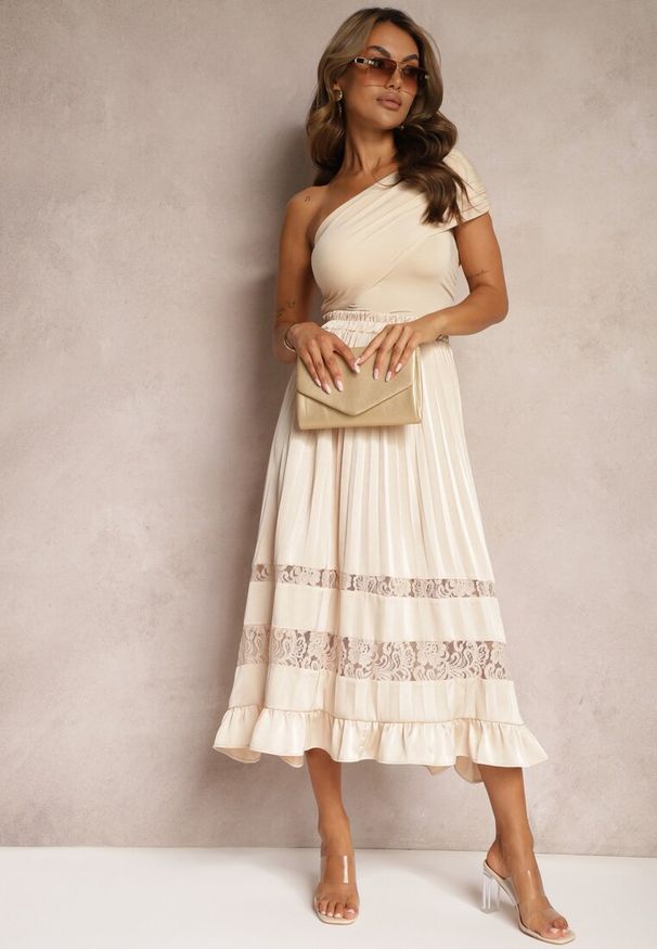 Renee - Beżowa Asymetryczna Spódnica Plisowana High Waist z Gumką w Talii i Koronkowymi Wstawkami Reslifa. Stan: podwyższony. Kolor: beżowy. Materiał: koronka. Styl: elegancki